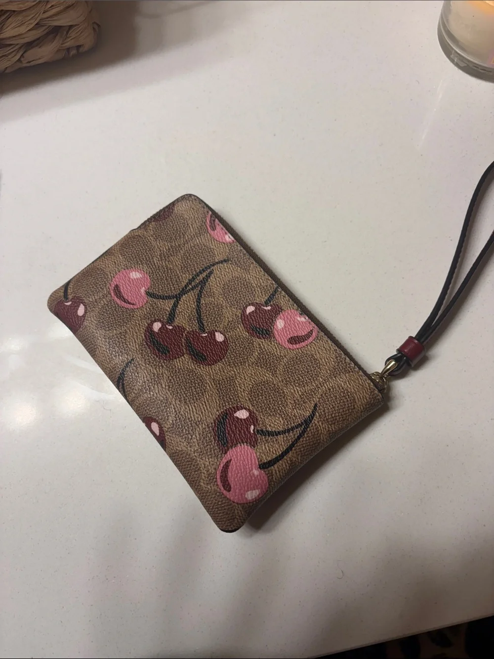 Coach Brown Signature Cherry Print Wristlet Pouch